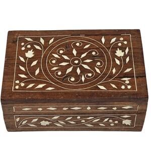 Wood Trinket Box Floral Inlay Hand Carved Hinged Lid Felt Fabric Lining FLAWS
